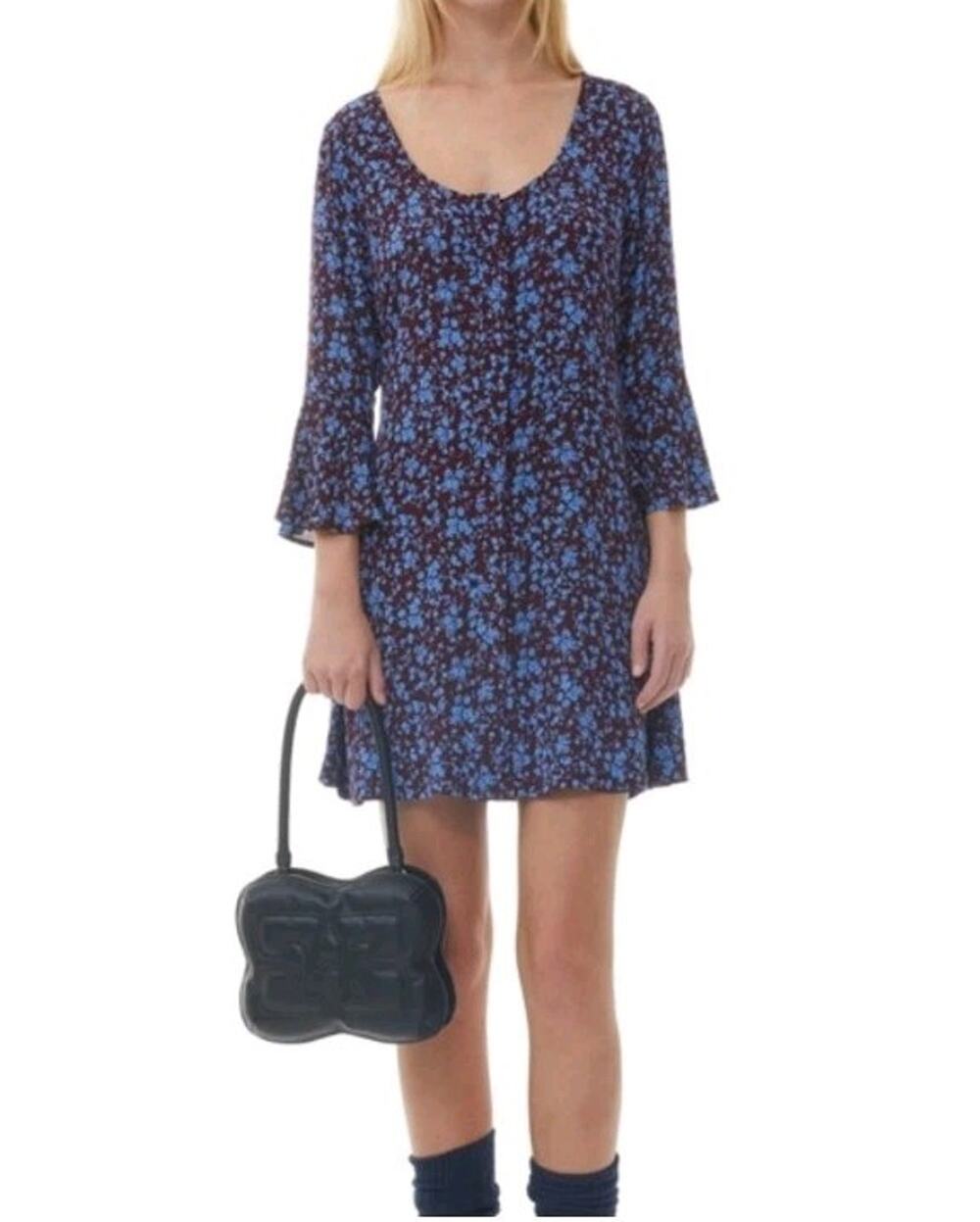 GANNI Floral Dark Purple Crepe Mini Dress Bell Sleeves Size 38 US 6 Cottagecore